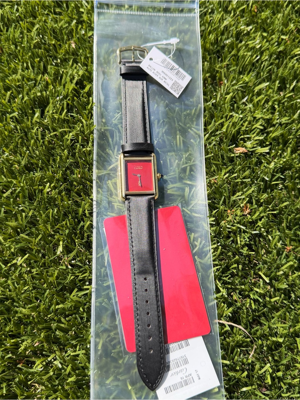 Men's Black Leather Strap Watch with Red Dial